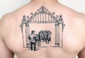 Gate with a man leaning on it feeding horses with a squatted truck in the back tattoo idea