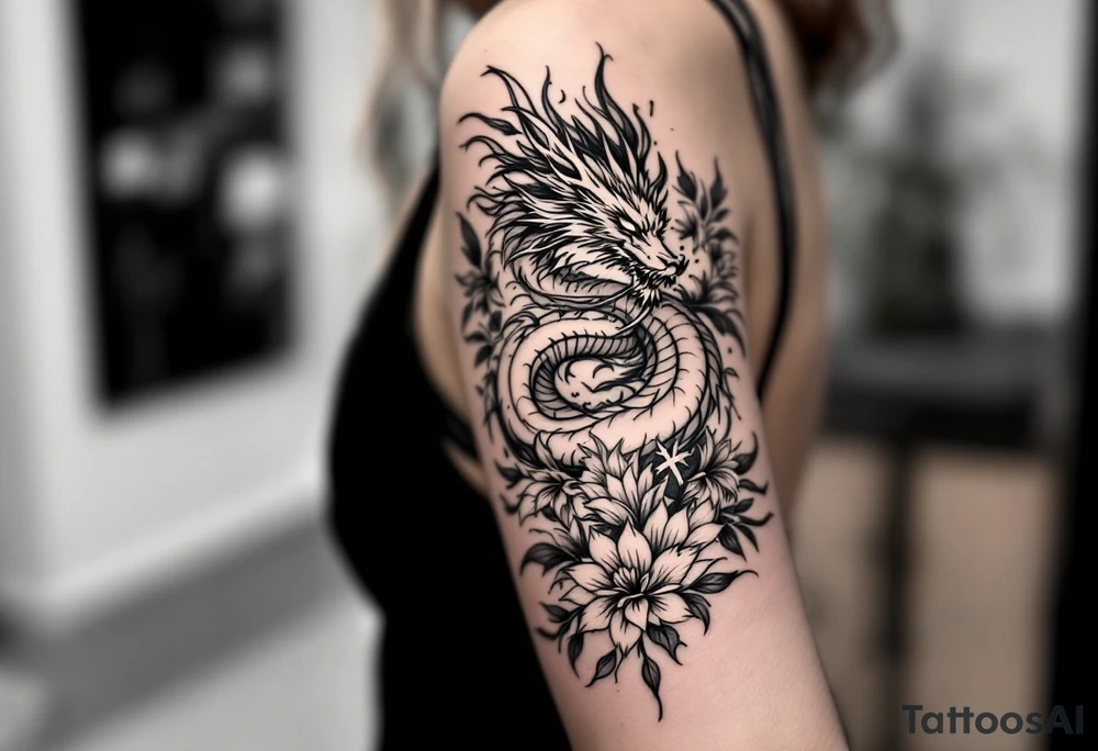 un dragon central entouré de fleurs de lys tattoo idea