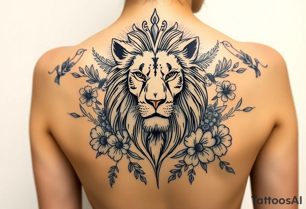 powerful majestic lion with a crown, surrounded by floral ornaments and birds tattoo idea