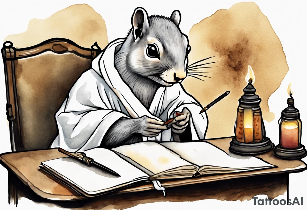 an elderly grey squirrel dressed in a monk robe wearing an eye patch sitting at a desk in the dark holding a quill writing by candlelight tattoo idea