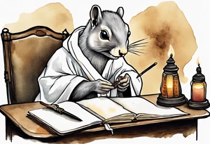 an elderly grey squirrel dressed in a monk robe wearing an eye patch sitting at a desk in the dark holding a quill writing by candlelight tattoo idea