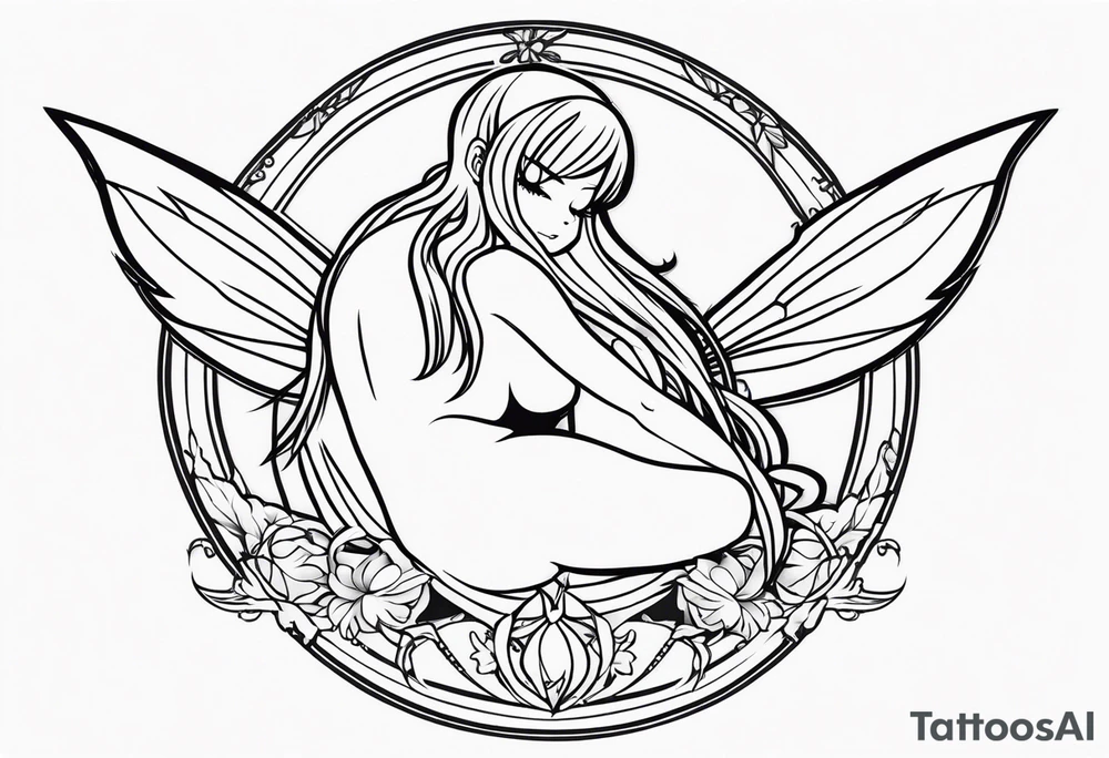 No color fairy with a tail inspired by the logo of the anime show called Fairy Tail in a fetal position leaning in and forward while sleeping tattoo idea