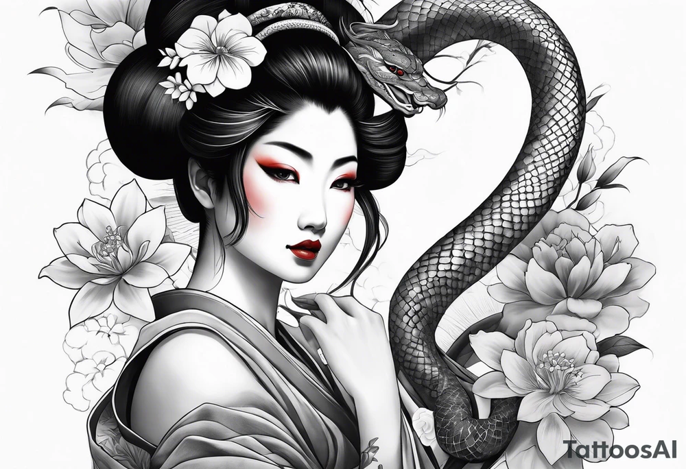 High contrast black and grey Japanese full arm tattoo, geisha on upper arm and snake with flowers going down the forearm imagine tattoo idea