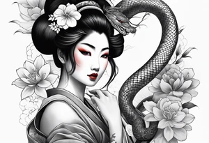 High contrast black and grey Japanese full arm tattoo, geisha on upper arm and snake with flowers going down the forearm imagine tattoo idea