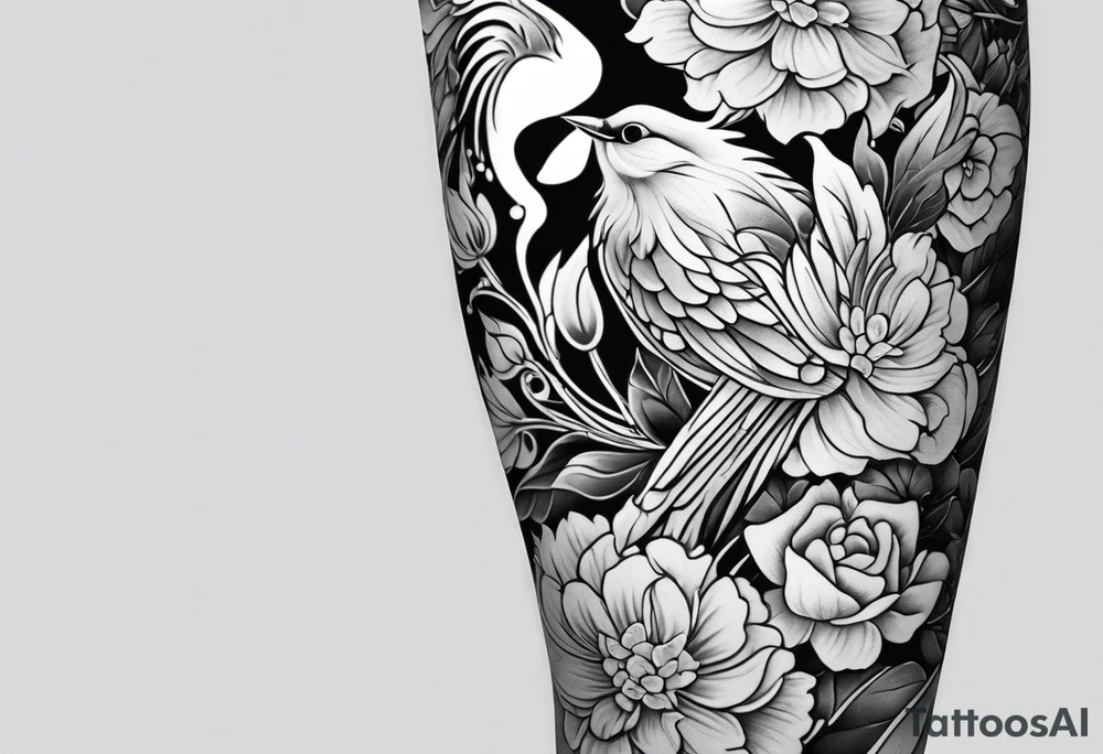 traditional style
leg sleeve with a bird and flowers tattoo idea