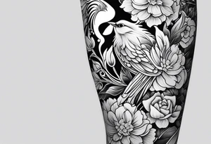 traditional style
leg sleeve with a bird and flowers tattoo idea