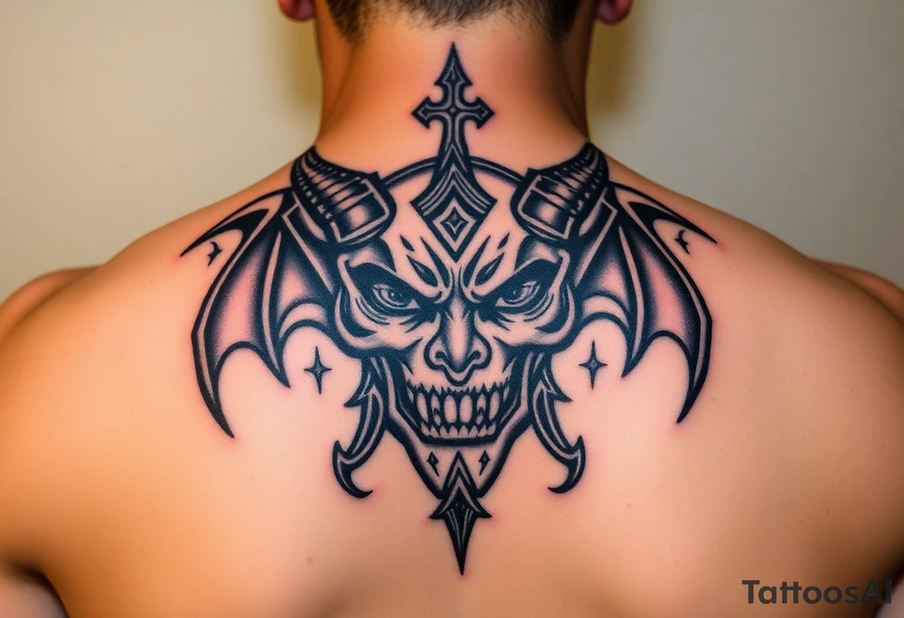 Devil, worshiping symbols on face tattoo idea