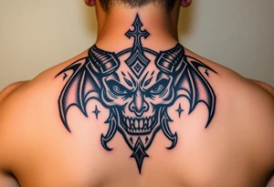 Devil, worshiping symbols on face tattoo idea