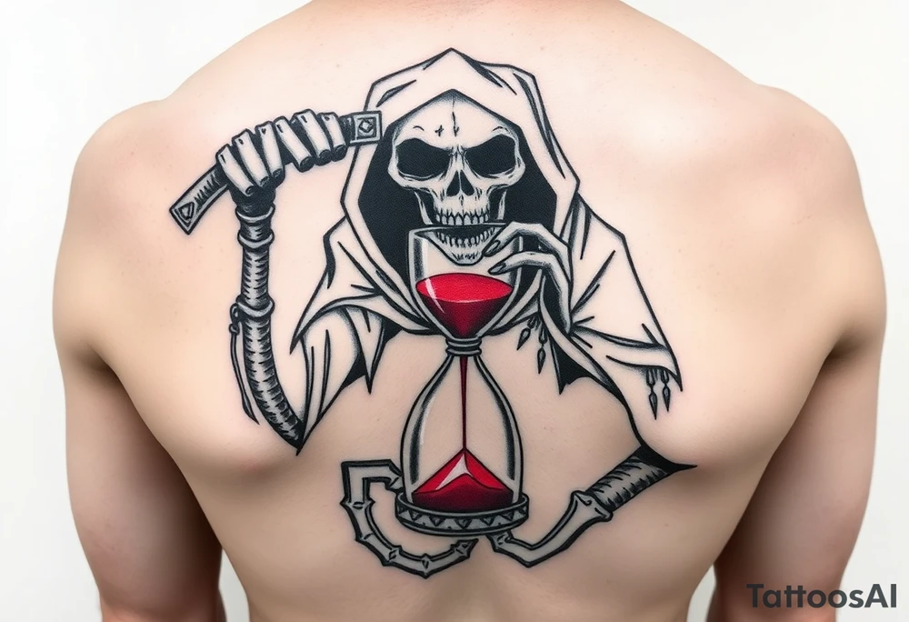 Simple grim reaper holding a hourglass with red sand and diamond like geometric shapes tattoo idea