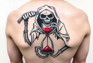 Simple grim reaper holding a hourglass with red sand and diamond like geometric shapes tattoo idea