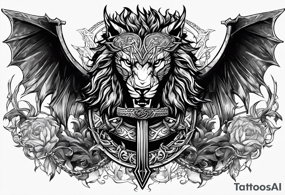 Valhalla sword shield dragon axe Valknut barbed wire chains lion tattoo idea