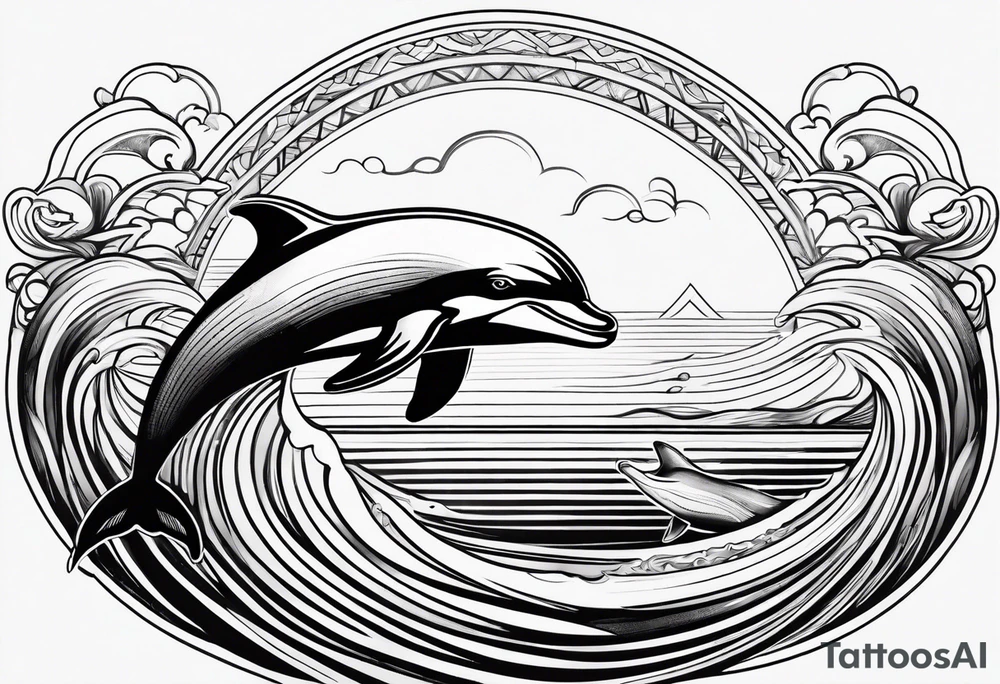 a man riding a dolphin, the dolphin is jumping out of the waves tattoo idea