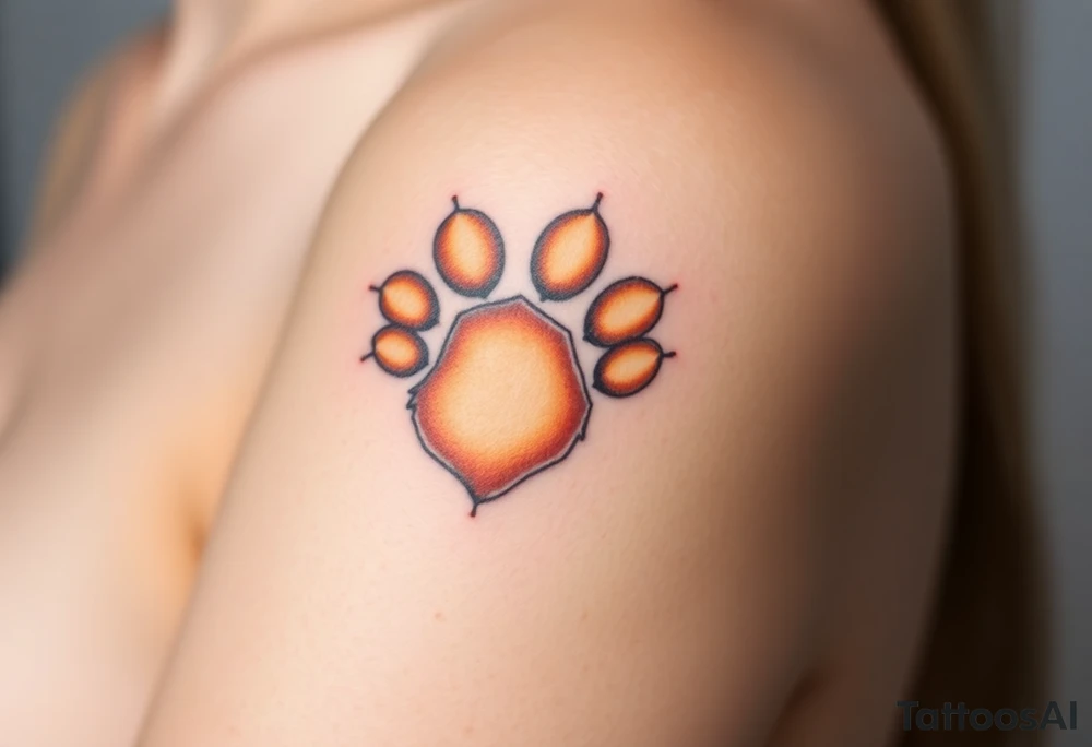 dog paw with fine fur details and warm shades of golden brown, caramel, and soft beige for a lifelike effect shaping heart tattoo idea