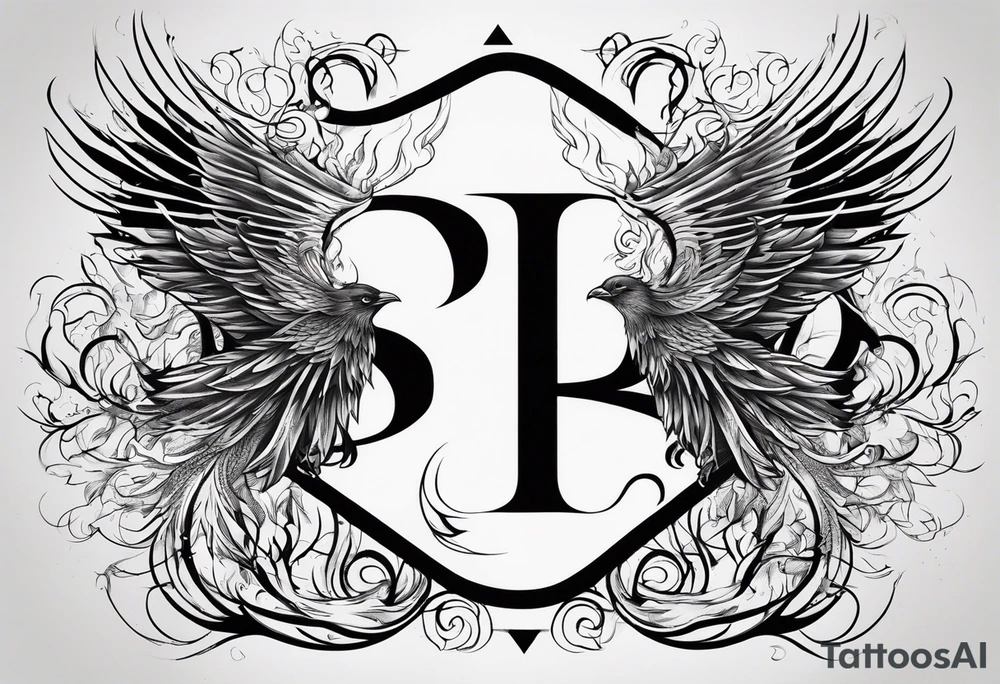 Bold text "BURN IT DOWN" engulfed with flames and smoke of a phoenix tattoo idea