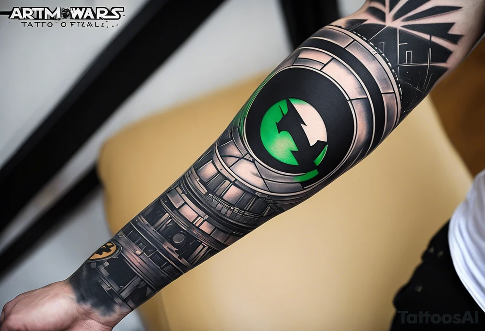 Full arm sleeve tattoo extending from shoulder to wrist featuring the Superman shield, Batman emblem, Green Lantern Corp emblem, Star Wars Rebel Alliance emblem, the Death Star. I'd like the area filled around to resemble landscape and architecture from Lord of the Rings tattoo idea