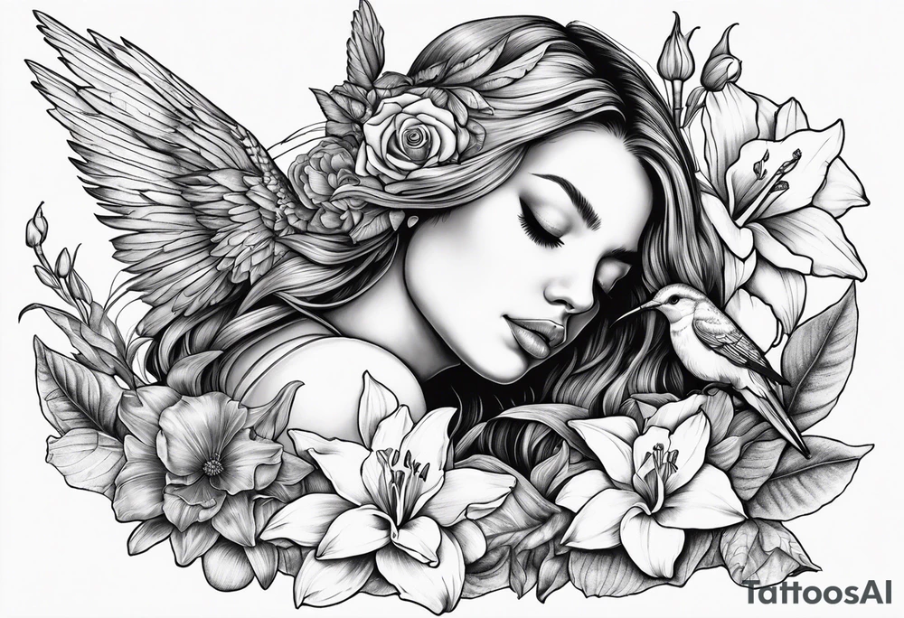 fallen angel with head down and face covered by her hair with sagging broken wings surrounded by lily, daffodil, rose, daisy, narcissus holding a hummingbird tattoo idea