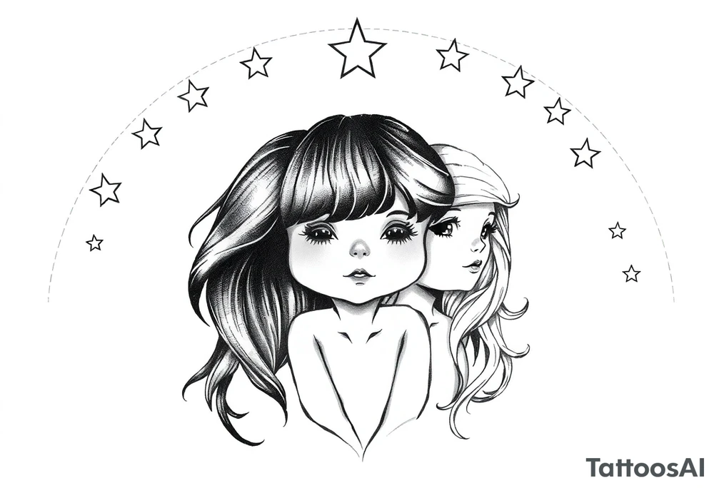 3 petites filles ( une cheveux noir et deux blondes)
sous un arc en ciel incomplet tattoo idea
