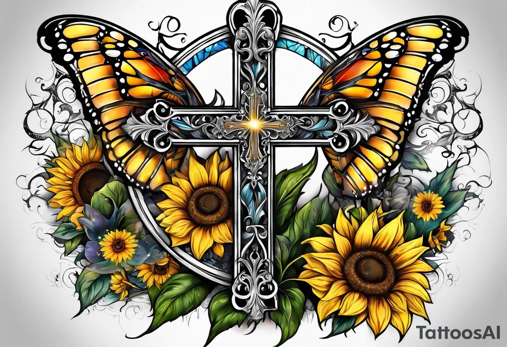 Winged cross with sunflower and butterflies tattoo idea