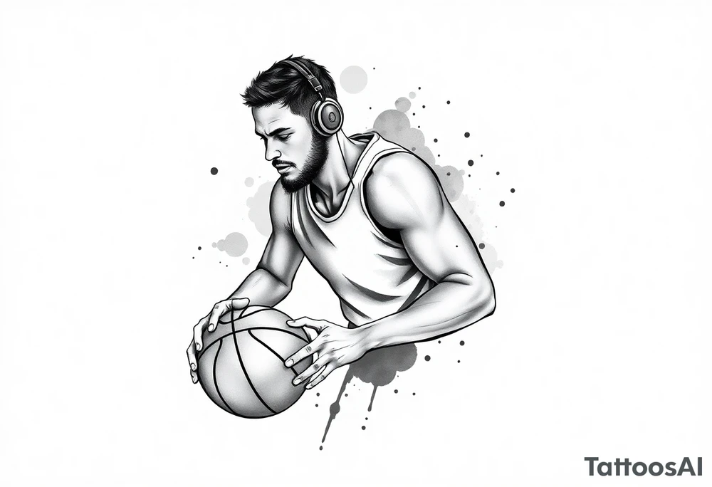 A guy dribbling a basketball with headphones on tattoo idea