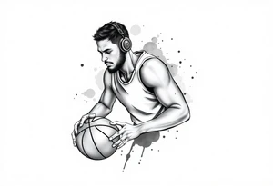 A guy dribbling a basketball with headphones on tattoo idea