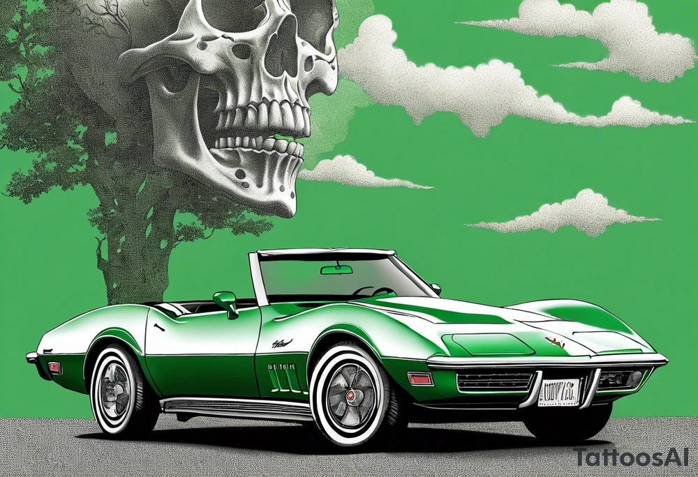 Skeleton smoking a cigarette driving a green 1976 convertible Corvette tattoo idea
