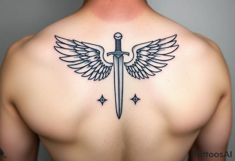 Wings wrapping around sword and diamond shaped stars tattoo idea Wings wrapping around sword and diamond shaped stars tattoo idea