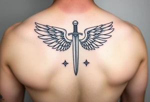 Wings wrapping around sword and diamond shaped stars tattoo idea