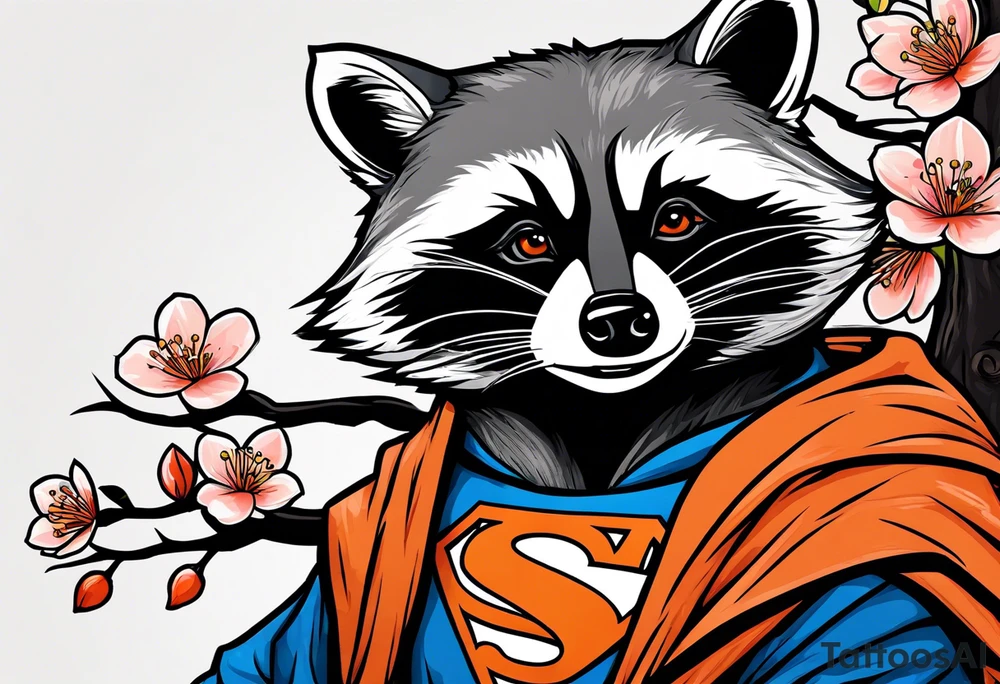 Raccoon wearing a white Superman logo on a black hoodie and orange Japanese cherry blossoms tattoo idea