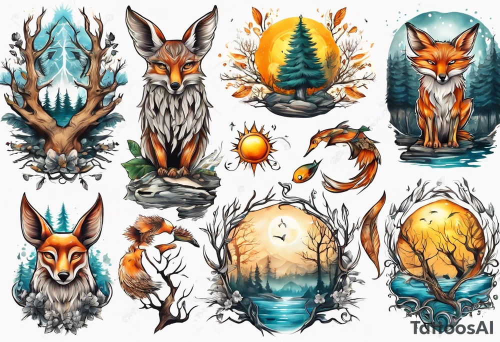 sonne, eule  wald, fuchs 
baum, sapere aude, Wasser, fisch tattoo idea