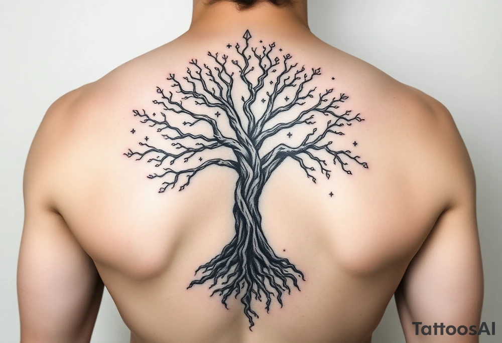 mystical tree of life with cosmic roots and celestial branches tattoo idea