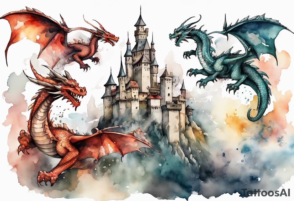 3 dragons flying around the highest part of the castle, defending it from a village with angry people tattoo idea