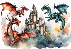 3 dragons flying around the highest part of the castle, defending it from a village with angry people tattoo idea