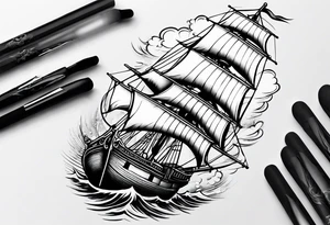 bateau, phare maritime, phoenix et lune bleu. tattoo idea