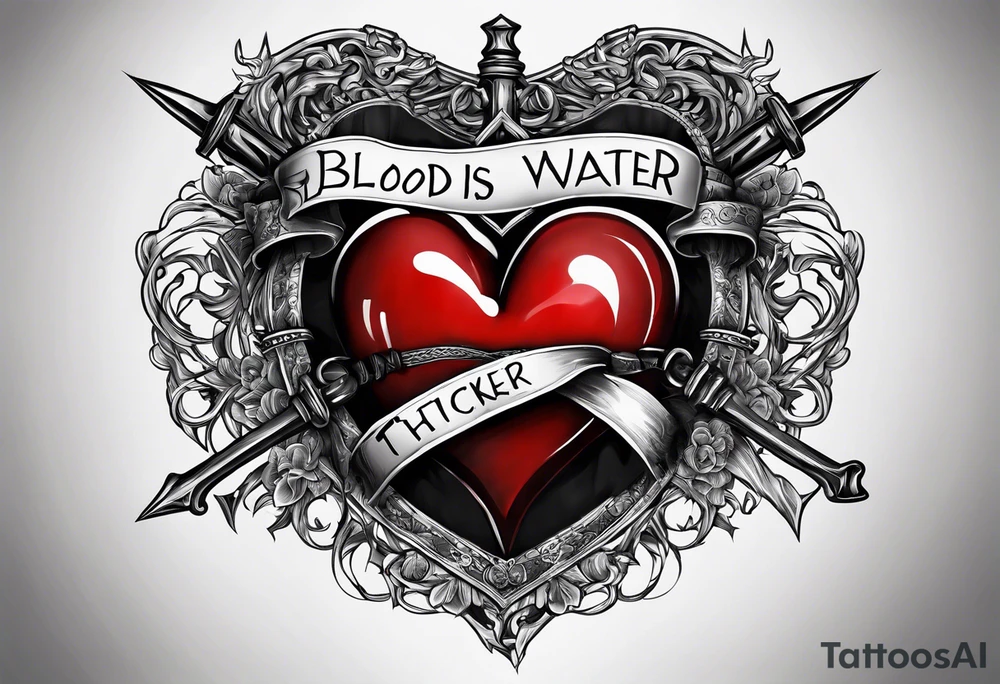 Heart pierced with daggers with a banner saying “blood is thicker than water “ tattoo idea