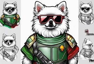 White Pomeranian dressed like boba fett tattoo idea