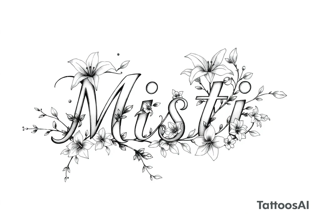 The word Misti surrounded by flowers, lilies. Vine in the letters. tattoo idea