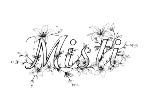 The word Misti surrounded by flowers, lilies.  Vine in the letters. tattoo idea