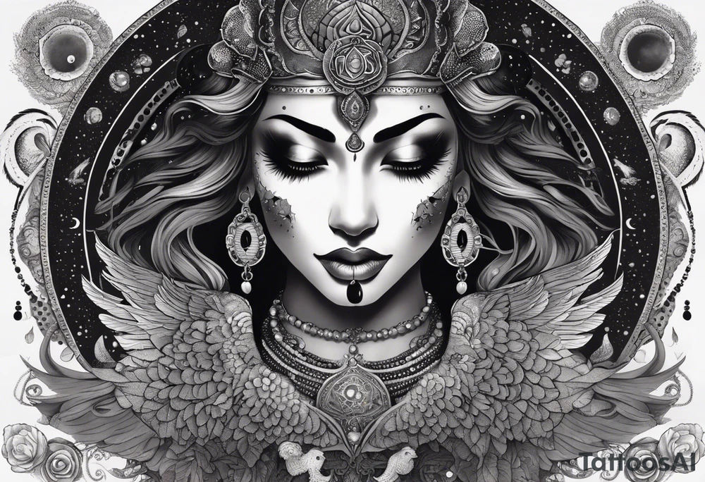 black kali, goddess pirate, alien, angel, pachamama, valkrye, warrior, flying, skull, lotus azul, wing, eagle, zenza resonance, stars, 5D, anahata chakra, death, durga, riding on a tiger, flying lady, kundalini, chest tatoo, samuri, rebel,serpent tattoo idea