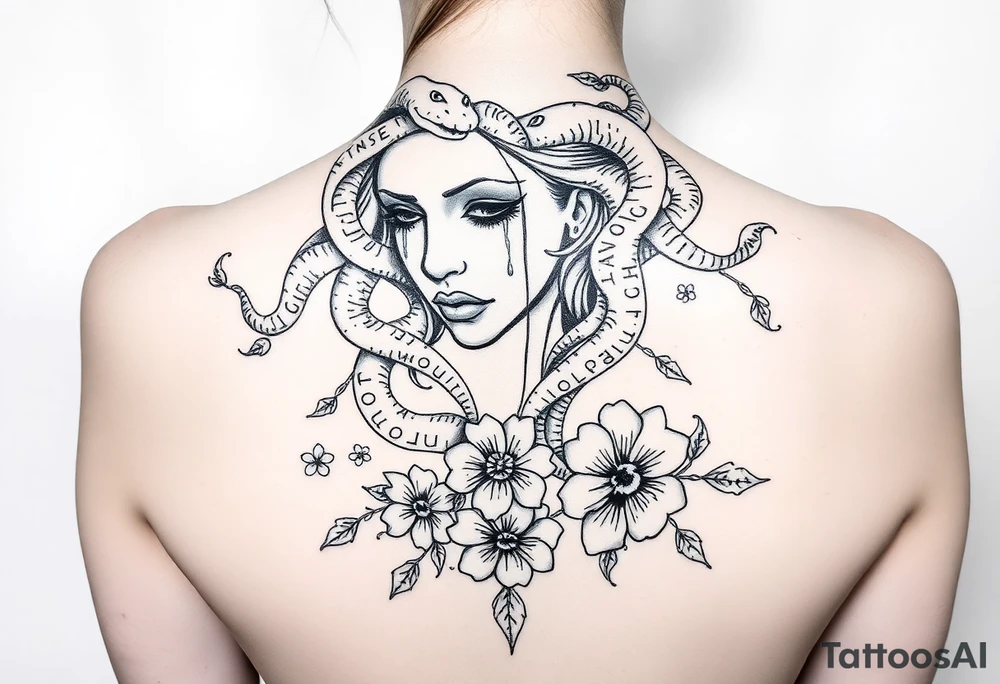 Sad Medusa with tears snakes coming out of hair with flowers and quotes tattoo idea