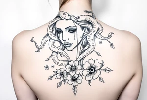 Sad Medusa with tears snakes coming out of hair with flowers and quotes tattoo idea