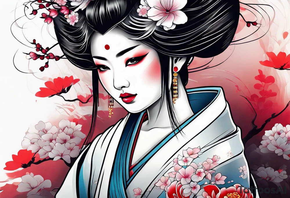 geisha girl that is also a Japanese waterfall tattoo idea
