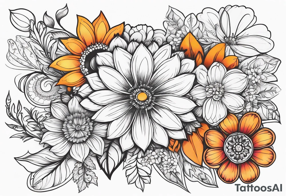 Flowers mandala, colorful, horizontal, botanical tattoo idea