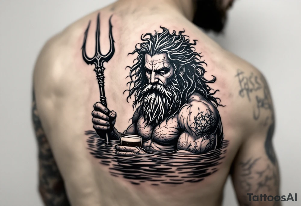 poseidon, with a trident, in calm water, holding a beer tattoo idea