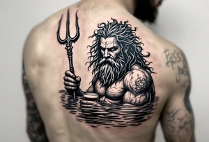 poseidon, with a trident, in calm water, holding a beer tattoo idea