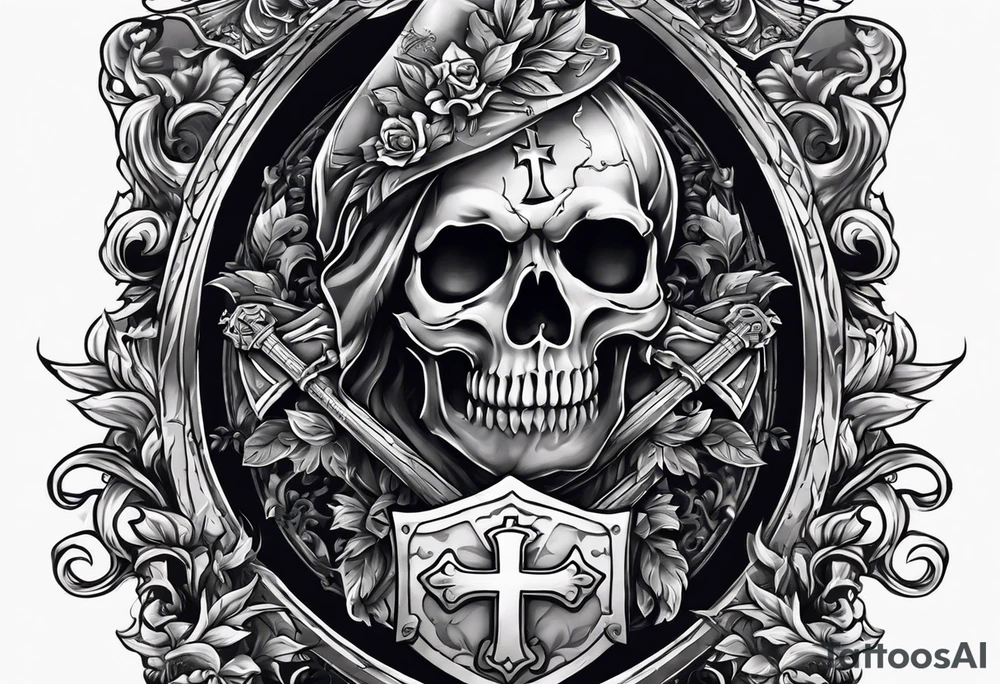 skeleton holding a shield with a cross on it tattoo idea