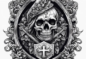 skeleton holding a shield with a cross on it tattoo idea