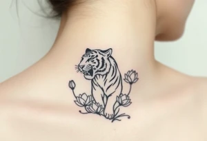 fierce tiger emerging through blooming lotus flowers in mist tattoo idea
