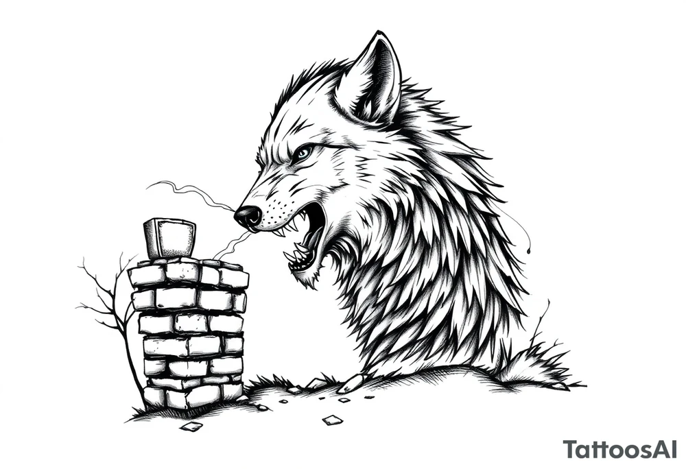 Big  wolf  blowing down   a brick house tattoo idea