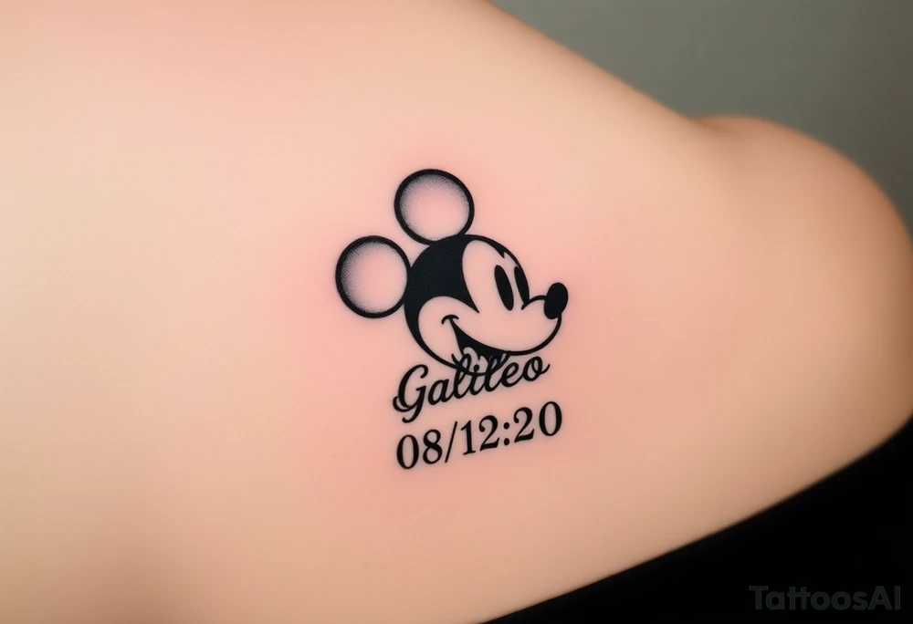 mickey mouse symbol with the name Galileo and the date 08/14/20 incorporated tattoo idea