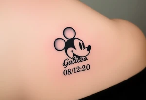 mickey mouse symbol with the name Galileo and the date 08/14/20 incorporated tattoo idea